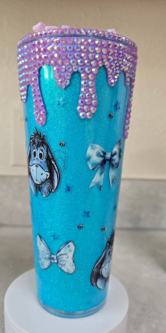 Eeyore bling drip cup with decorated lid.